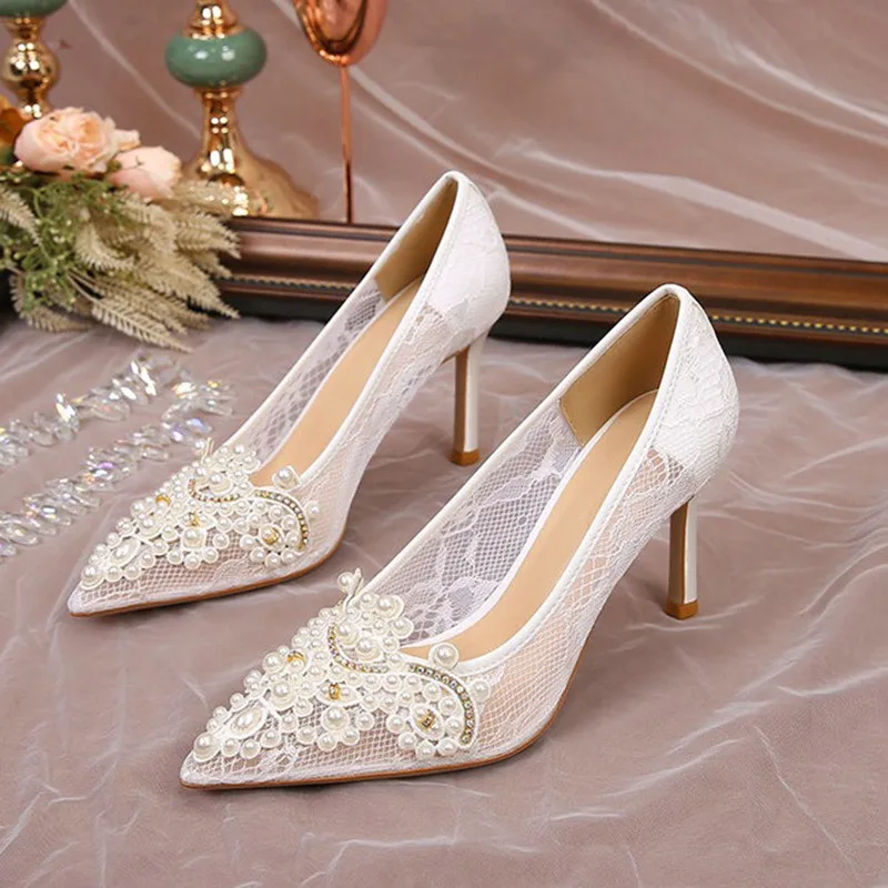 2024 New Pointed Hollowed Out Single Shoes Summer Style Mesh Women's Shoes Female Pearl Wedding Shoes Bridesmaid Shoes