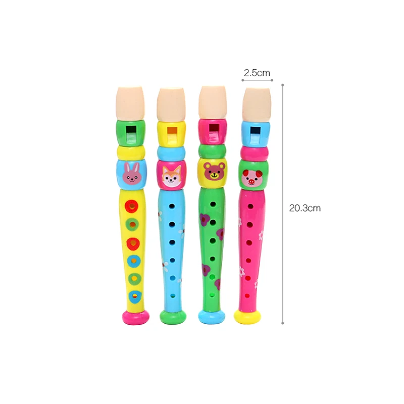 1PC Kids Wooden Flute Toys Cartoon 6-Holes Flute Sound Woodwind Musical Instrument Toy for Children Gift Random Color