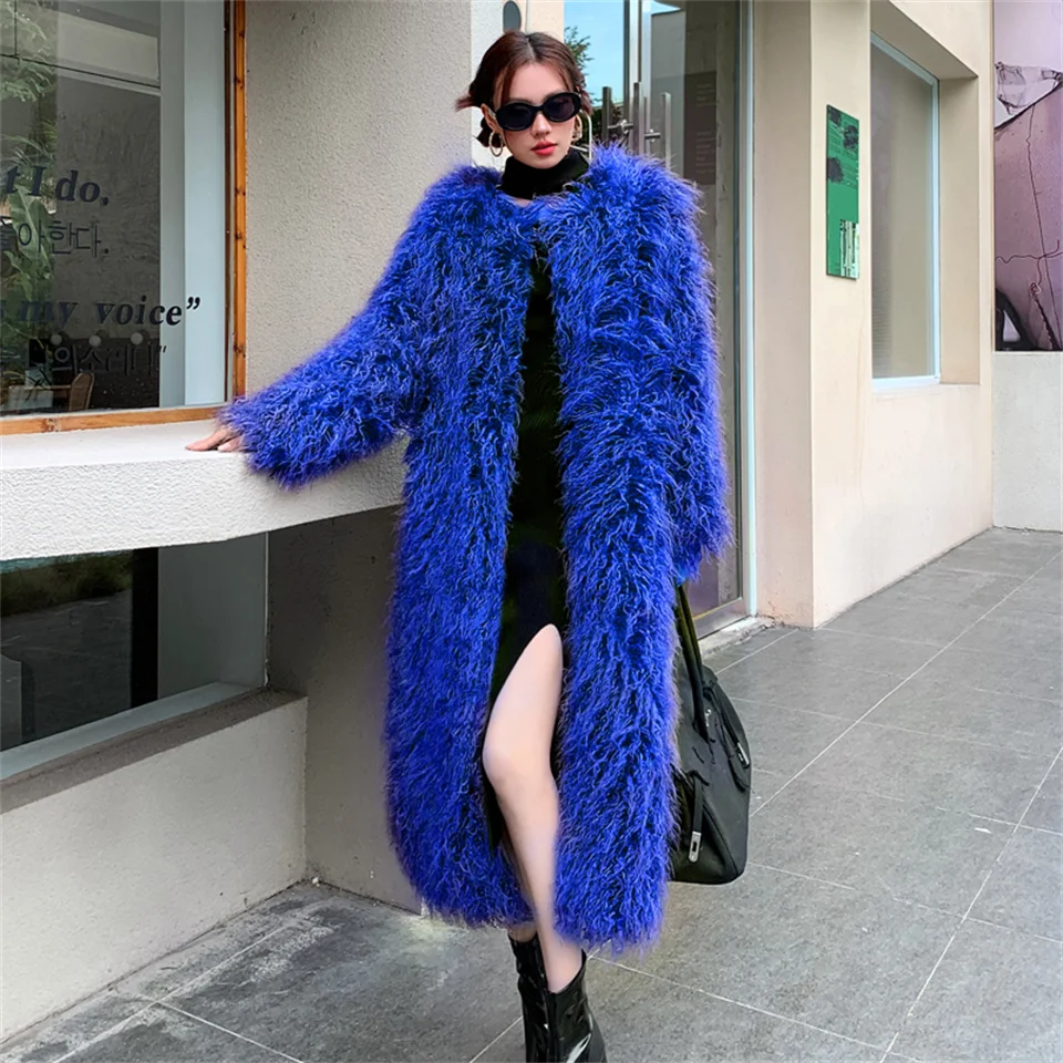 Luksusowy płaszcz z futra jagnięcego dla kobiet 2024 Winter Ladies Mob Wife Style Oversized Chunky Round Neck Faux Wool Fur Jacket Overcoat