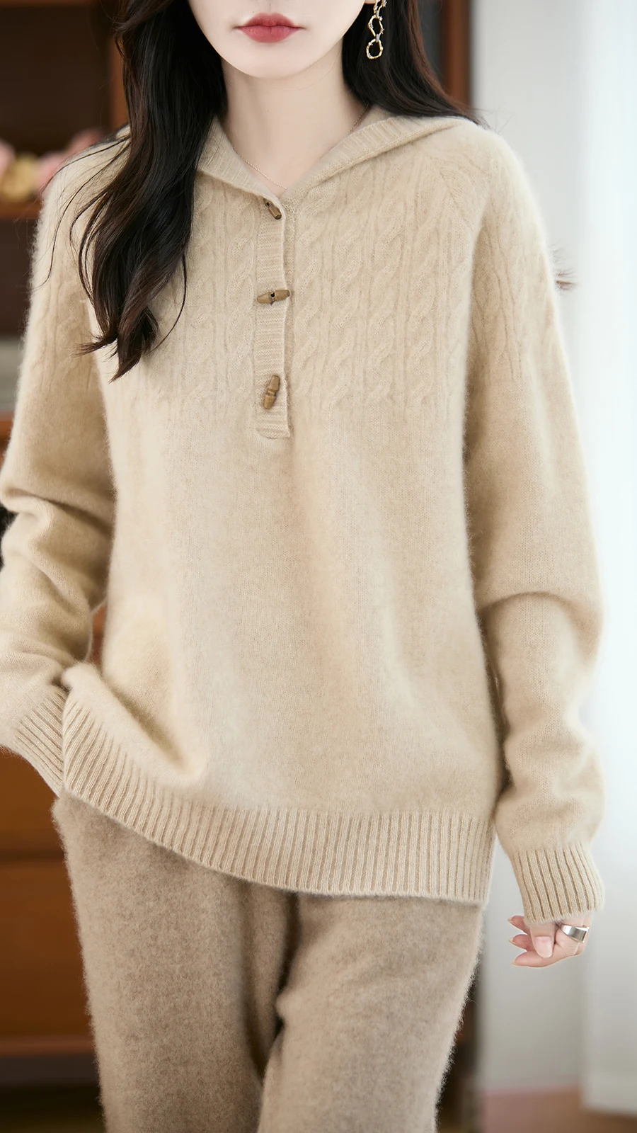 High-grade hooded half-open collar 100 sweater women's autumn and winter soft waxy loose warm sweater top