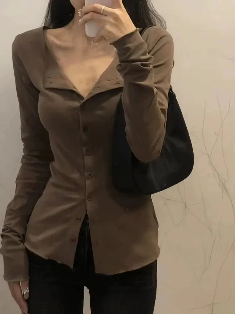 تي شيرت أمريكي بأكمام طويلة للخريف بخصر نحيف قميص نسائي Y2k بقصة ضيقة ملابس جمالية Mujer Blusas Mujer #2