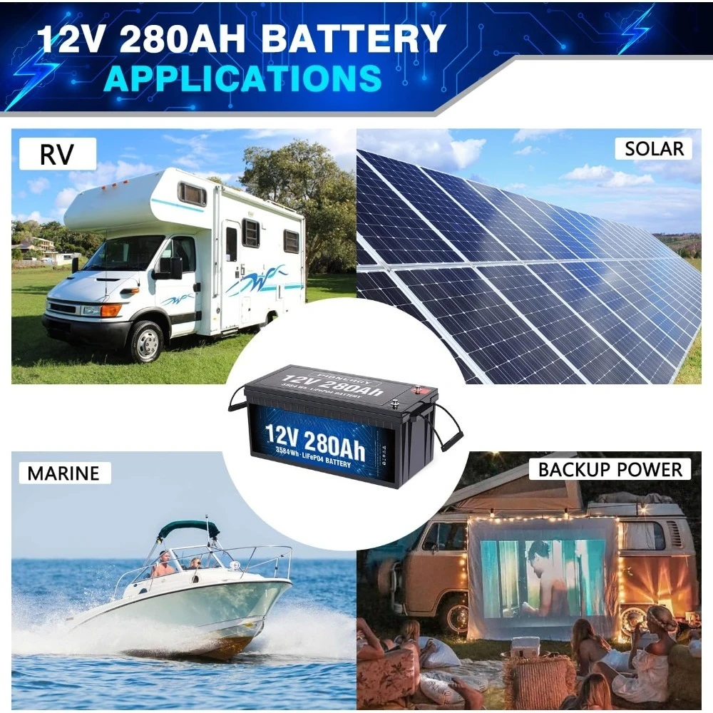 

Аккумулятор LiFePO4 12 В, 280 Ач — встроенный BMS 200 А, глубокий цикл 4000+, идеально подходит для солнечной энергии на колесах и морских применений