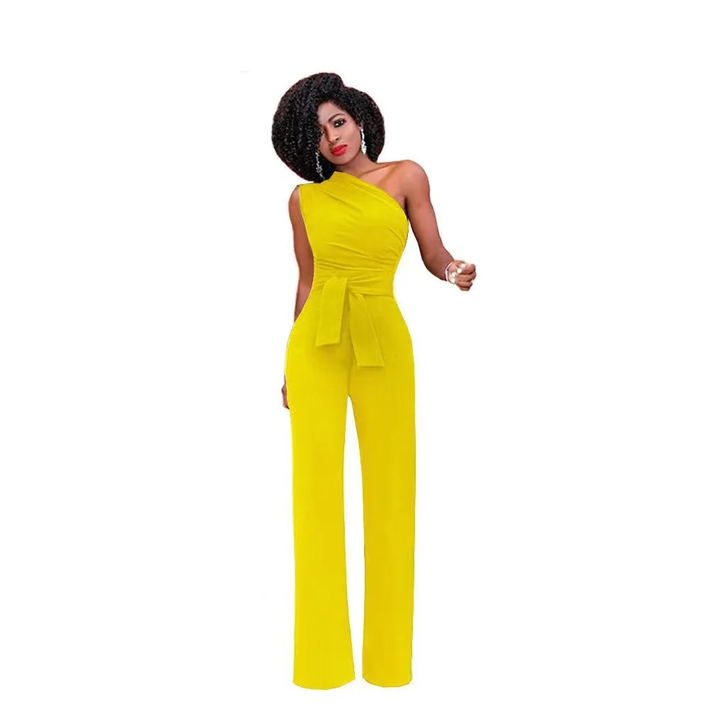 Elegant Party Jumpsuit for Women Yellow One Shoulder Sleeve  Loose Pants Belt Sexy Charming Playsuits Bodysuit Overalls 2022