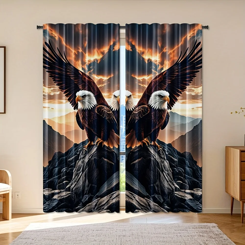 2pcs Eagle Wings Design Polyester Curtains, HD Digital Print, Light Filtering Drapes for Bedroom, Living Room, Office - Rod Pock