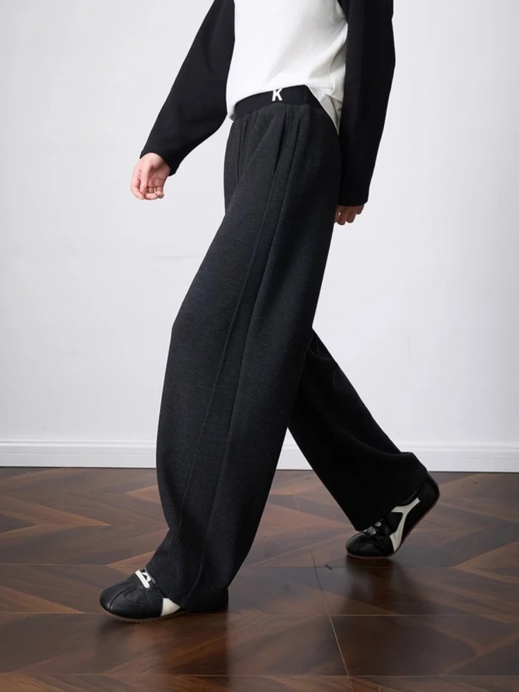 

OLrain Casual Pants for Woman 2025 Winter New in Letter Embroidered Wide Leg Pants Solid Knitted Female Trousers O57DK95983