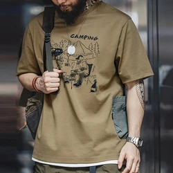 Maden Men's Outdoor Fun Print Short Sleeve T-shirts Khaki Camping Graphic Tee 2023 Summer Vintage Oversize Tops T Shirt