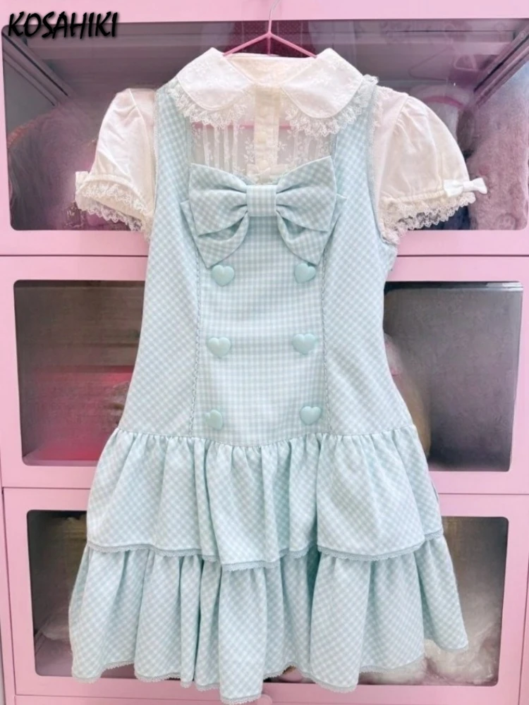 

Japanese Plaid Sweet Cute Dresses Harajuku Mini Love Button Sleeveless Vestidos Y2k Aesthetic Women Ruffled Pleated Fairy Dress