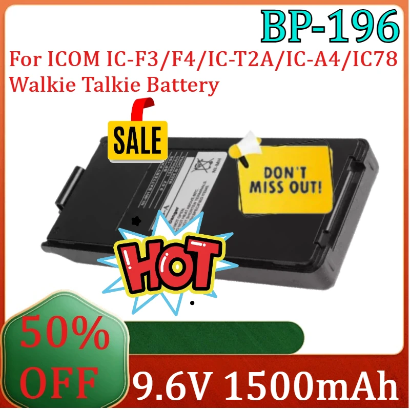 

For ICOM IC-F3/F4/IC-T2A/IC-A4/IC78 Walkie Talkie Battery New BP-196 9.6V 1500mAh NI-MH High Quality Battery