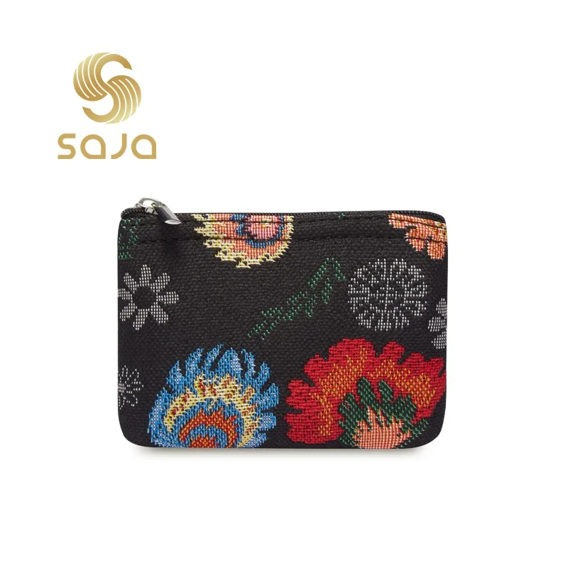 SAJA kunci kecil dompet nol dompet mini wanita dompet taman motif bunga retro permadani tas kartu kredit klip ritsleting dompet gadis wanita nenek