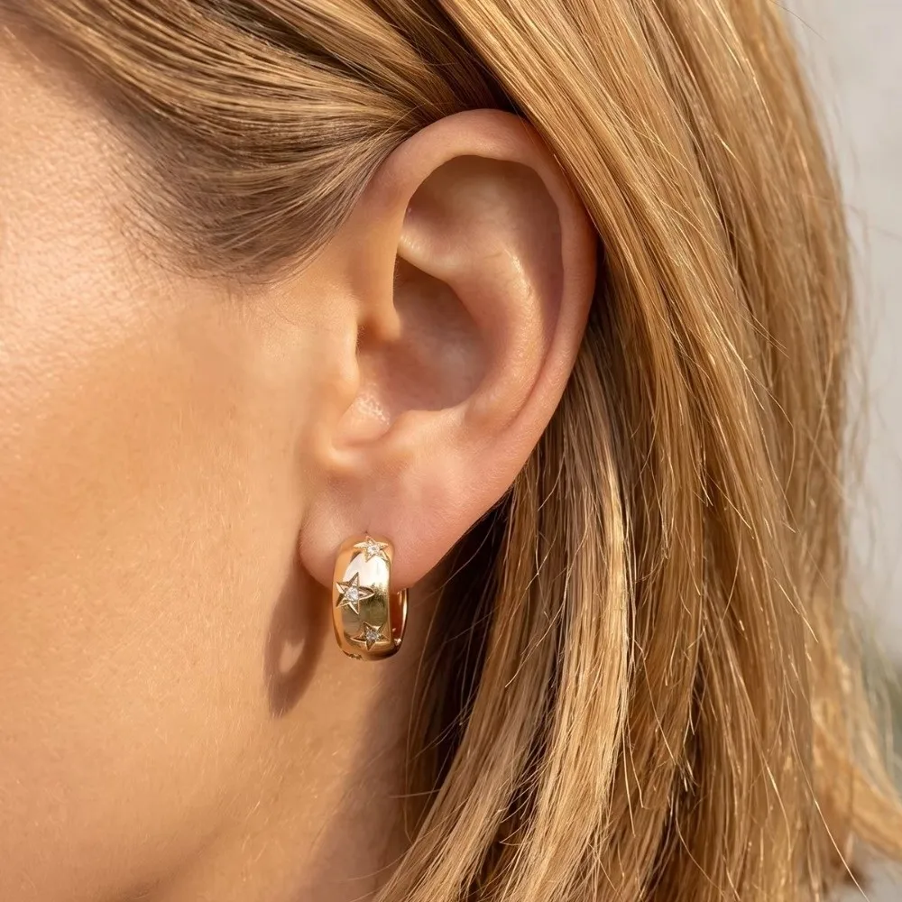 1Pair Crystal Embellished Chunky Hoop Earrings Chunky Profile Star Accents Crystal Hoop Earrings Hinged Closure Polished Finish