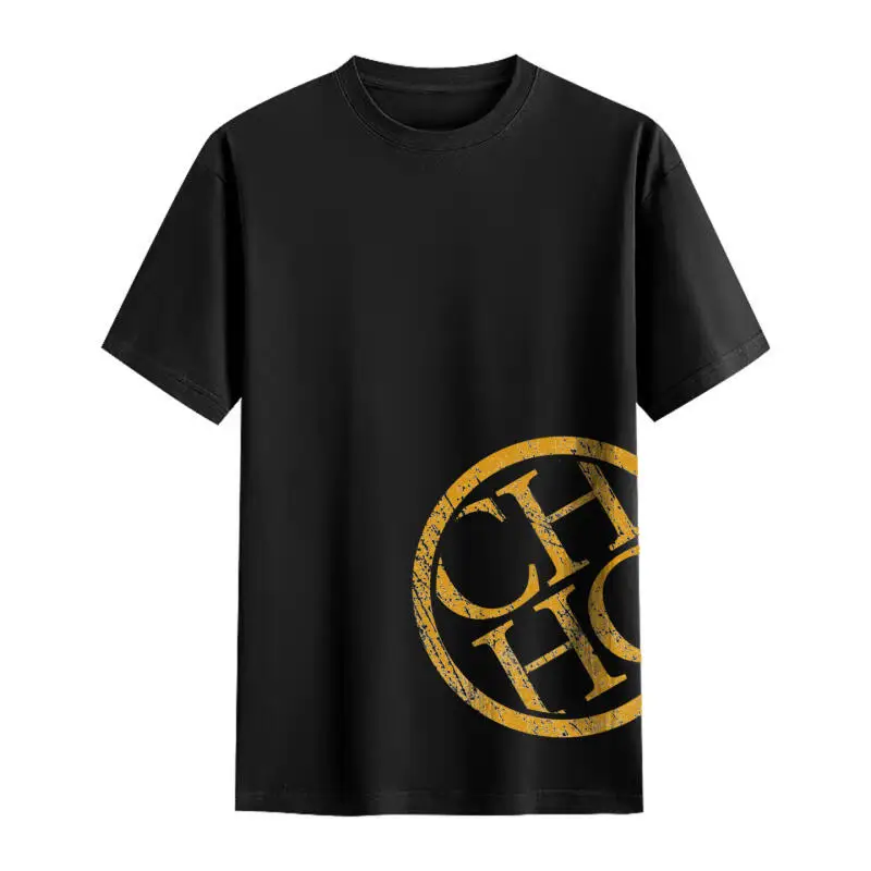 CH ヴィンテージ サークル プリント コットン Tシャツ ブラック ホワイト カラー選択 ルーズフィット ラウンドネック ユニセックス レトロ スタイル トップ