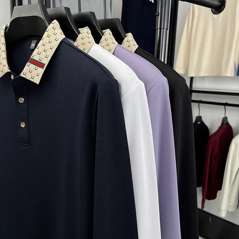 

Роскошная качественная мужская рубашка-поло изысканный вязаный воротник с буквенным принтом и длинным рукавом, осенняя футболка с лацканами, деловая трендовая мужская одежда