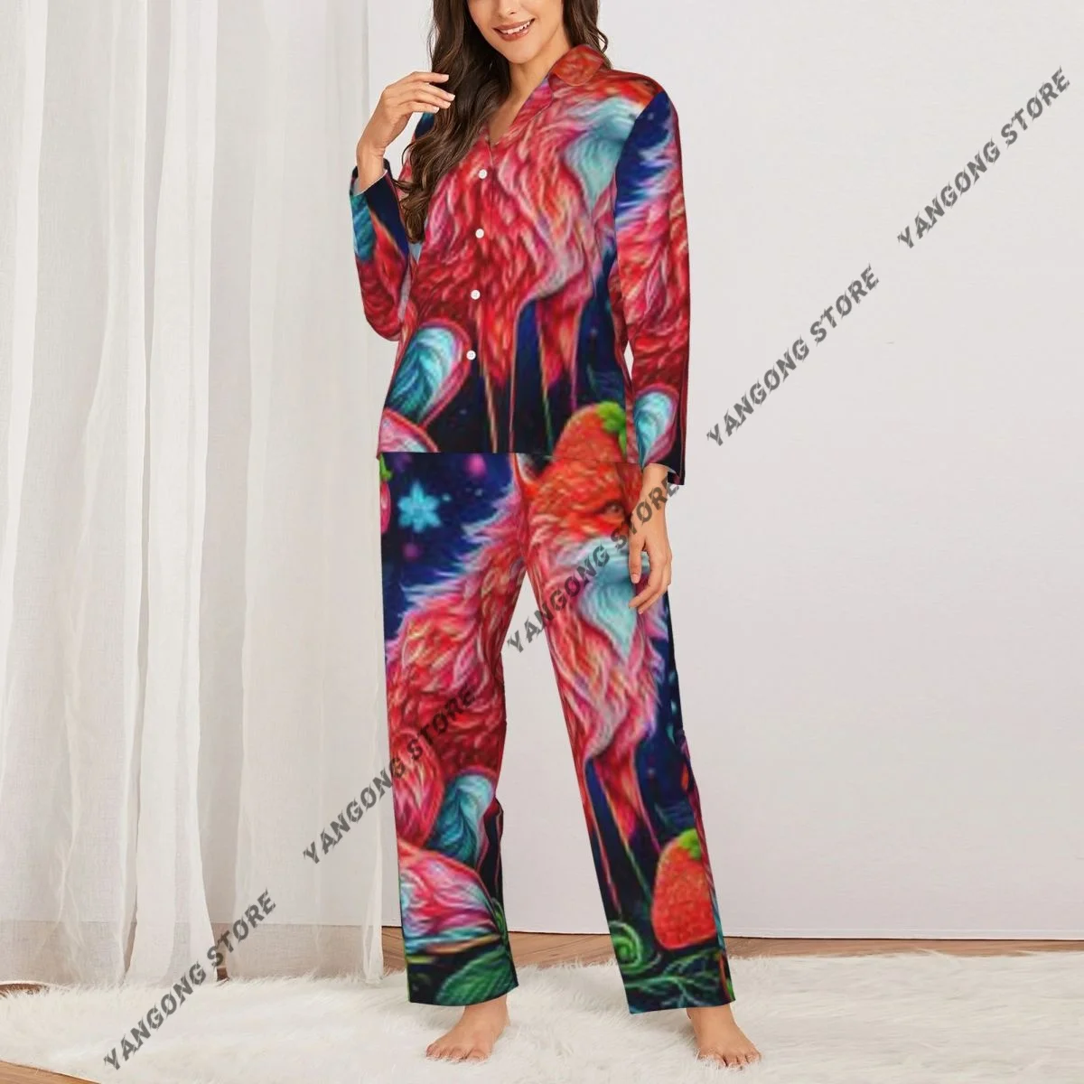 Women Sleepwear Pajamas Strawberry Fox Long Sleeve Pijama Female Set Negligee Cardigan Suit