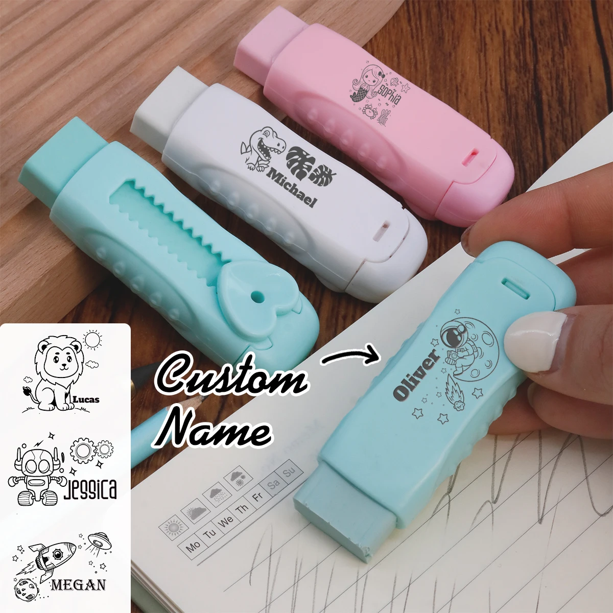 Custom Cartoon Name Eraser, Personalized Pull Out Eraser with Cute Animal and Space Theme Style, Customized Stationery Accessory