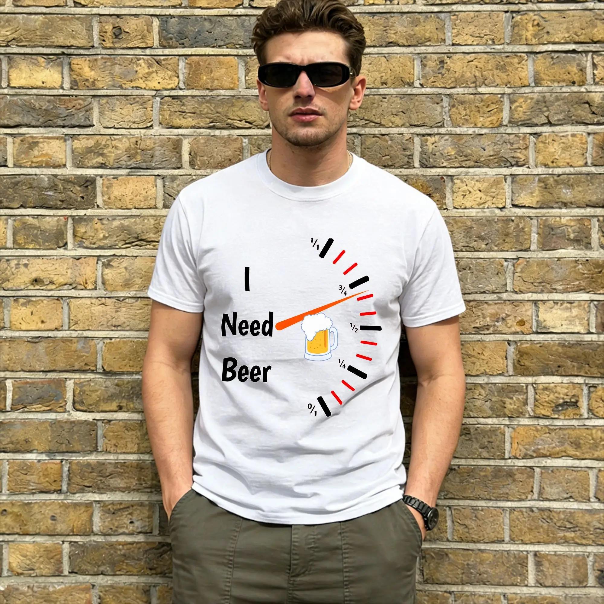 Men's T-Shirts I Need Beer  Funny 100% Cotton Tee Shirt Short Sleeve Beer Fuel Gauge T Shirts O Neck Clothing Graphic