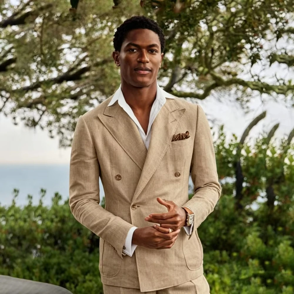 Summer Linen Double Breasted Suits for Men 2 Pieces Separates Blazer Pant For Beach Wedding Casual Party Guest Men Suits