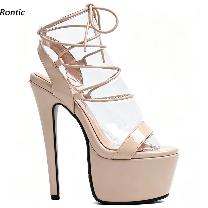 Rontic Ladies Open Toe Platform Sandals Ankle LaceUp Stiletto Super High Heels Women Nightclub Party Dress Pumps Footwear
