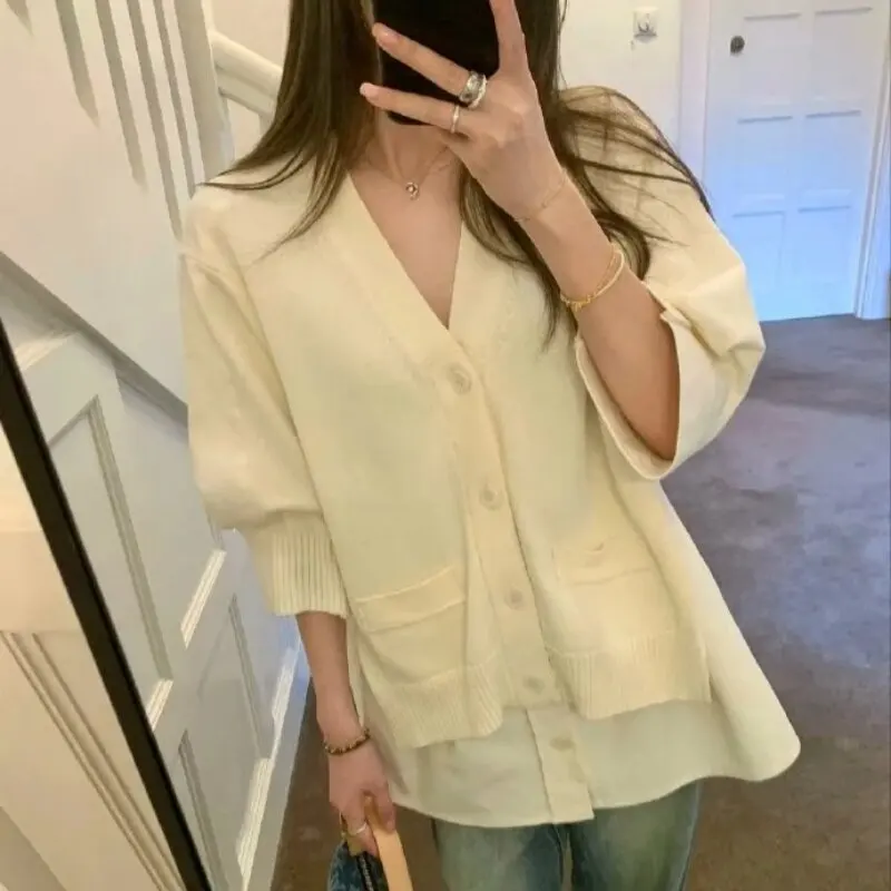 SAC spliced knitted cardigan loose casual short-sleeved jacket
