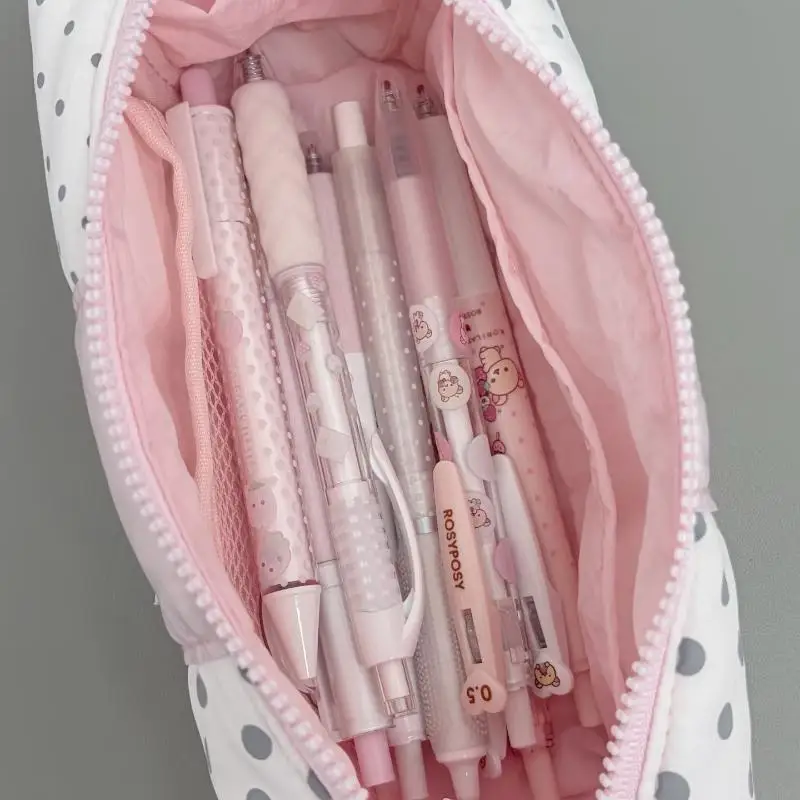 Niedliches Polka-Dot-Federmäppchen mit großem Fassungsvermögen und Griff, tragbare Aufbewahrungstasche, Kosmetiktasche, Schreibwaren-Organizer – Detail 9
