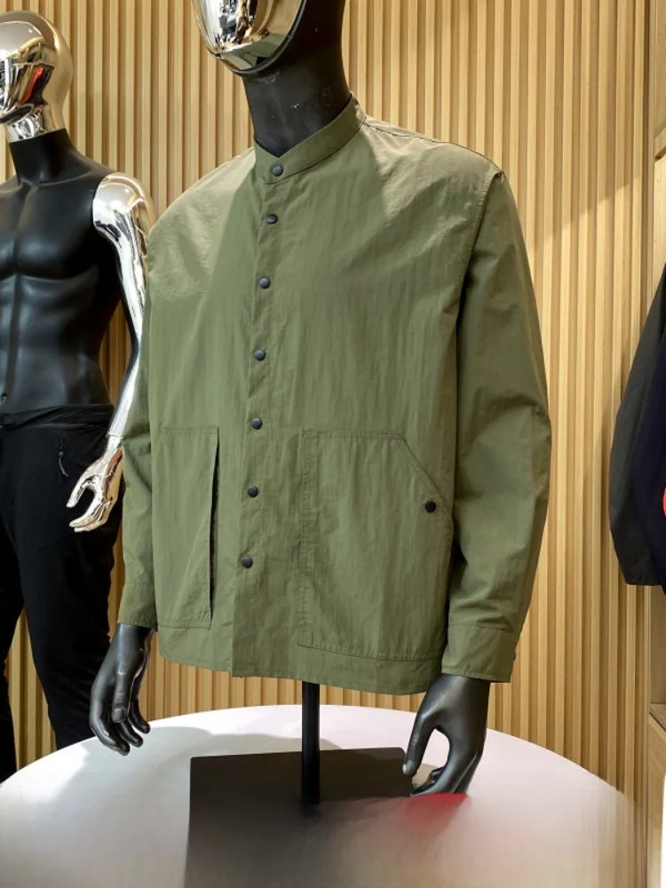 

Line Men's Lightweight Long Sleeve Shirt Stand Collar Quick Dry Breathable Micro Pleat Texture Spring Summer Fashion