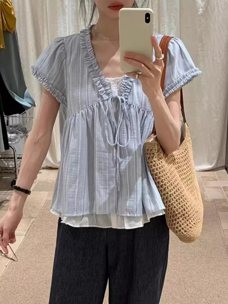 Koreańska Moda Damska Letnia Duży Rozmiar Lolita Słodka Bluzka Urocze Falbanki Bufiaste Rękawy Bandage Top Udający Dwuczęściowy Koreański Trend