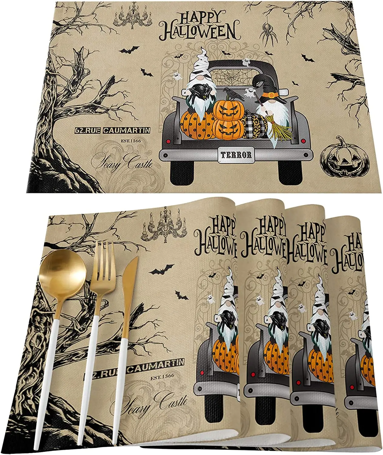 Halloween Washable Placemats for Dining Table Set of 4/6 Pcs Happy Halloween Pumpkin Truck Gnome with Witches Hats Bats Vintage