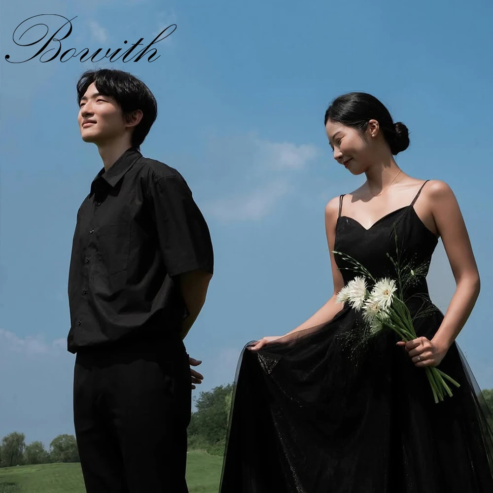 

Bowith Simple Black Spaghetti Straps Wedding Dress Customized Korea Photoshoot Bridal Gown Customized Sleeveless Evening Dresses