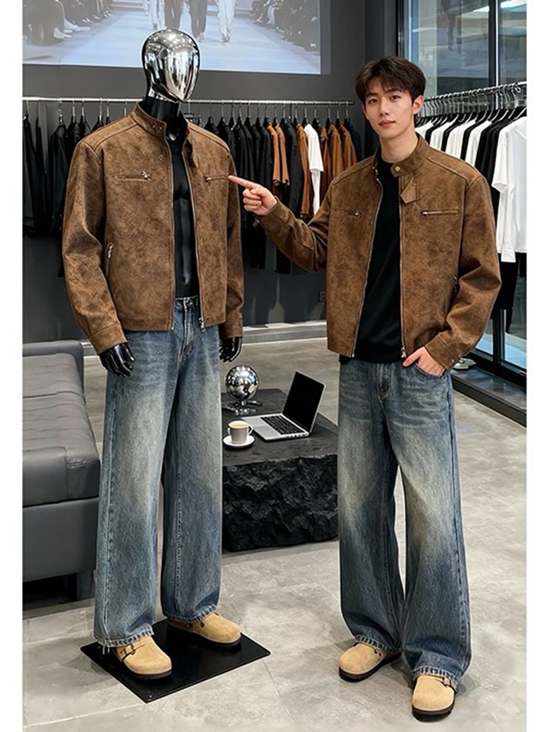 

Retro Blue Fce Lined Denim Jeans Men's Winter American High Street Vibe Straight Leg Pants Youthful Classic Cleanfit