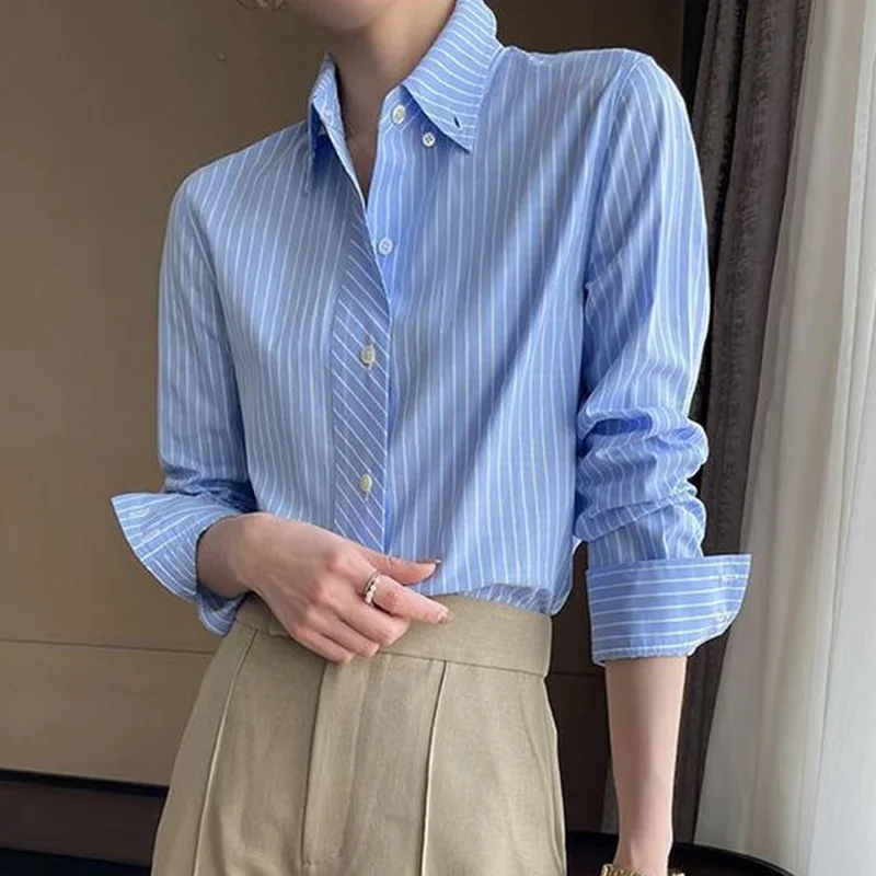 Blue Striped Printed Shirt for Women Spring Autumn 2023 New Office Lady Turn-down Collar Button Long Sleeve Loose Blouse