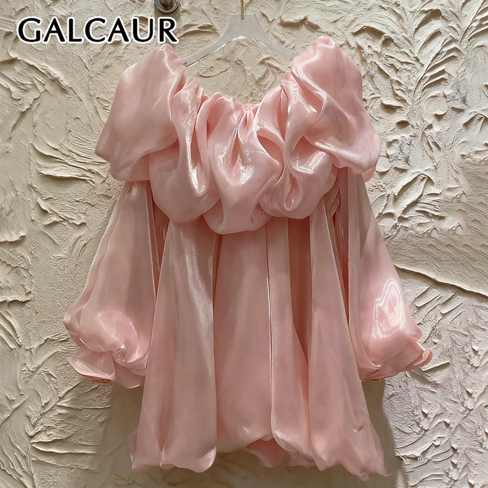 

GALCAUR Solid Spliced Folds Chic Shirt Female Slash Neck Long Sleeve Loose Elegant Temperament Women's Shirts Fashion New Style