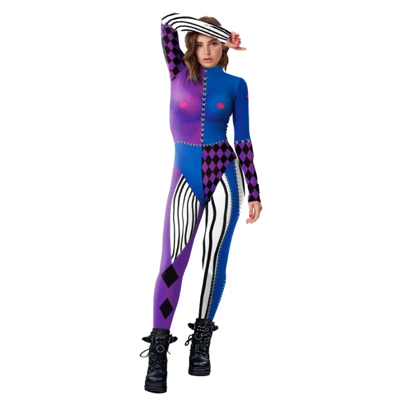 Funny Cosplay Clown Costume Disguise Outfit Carnival Halloween Party Long Sleeve Fitness Zentai Bodysuit Women Jumpsuit