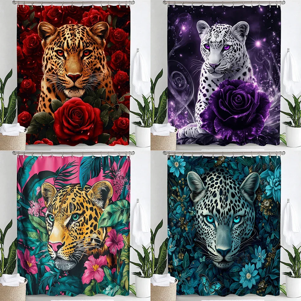 Cougar with Trees Plants Shower Curtain,Pink Leopard Animal Bathroom Decorative Curtain, Printed Fabric Home Curtain with Hooks