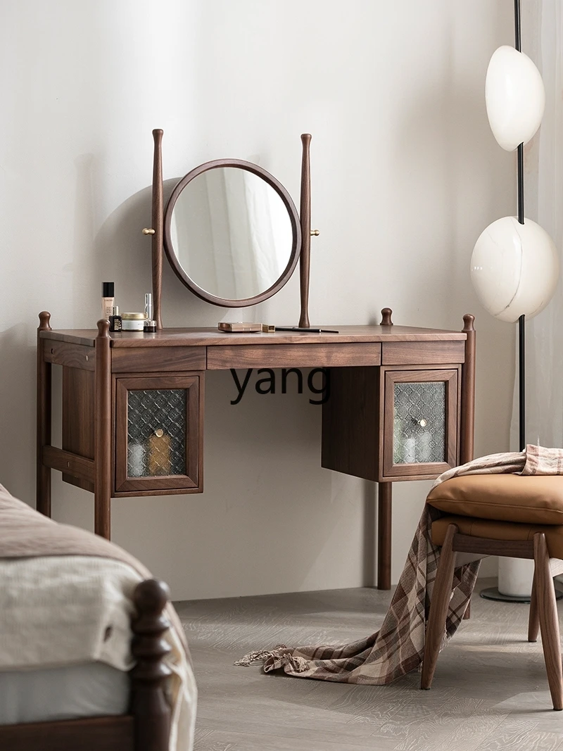 Yjq Solid Wood Dressing Table Black Walnut Bedroom Mirror Integrated Retro Affordable Luxury Small Makeup Table