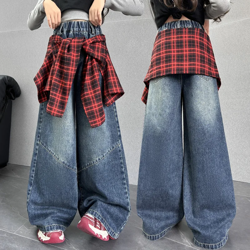 

Hakama Style Children Y2K Long Jeans With Plaid Skirt for Tween Girls High Fashion Denim Pants With Drapes Kids Street Trousers