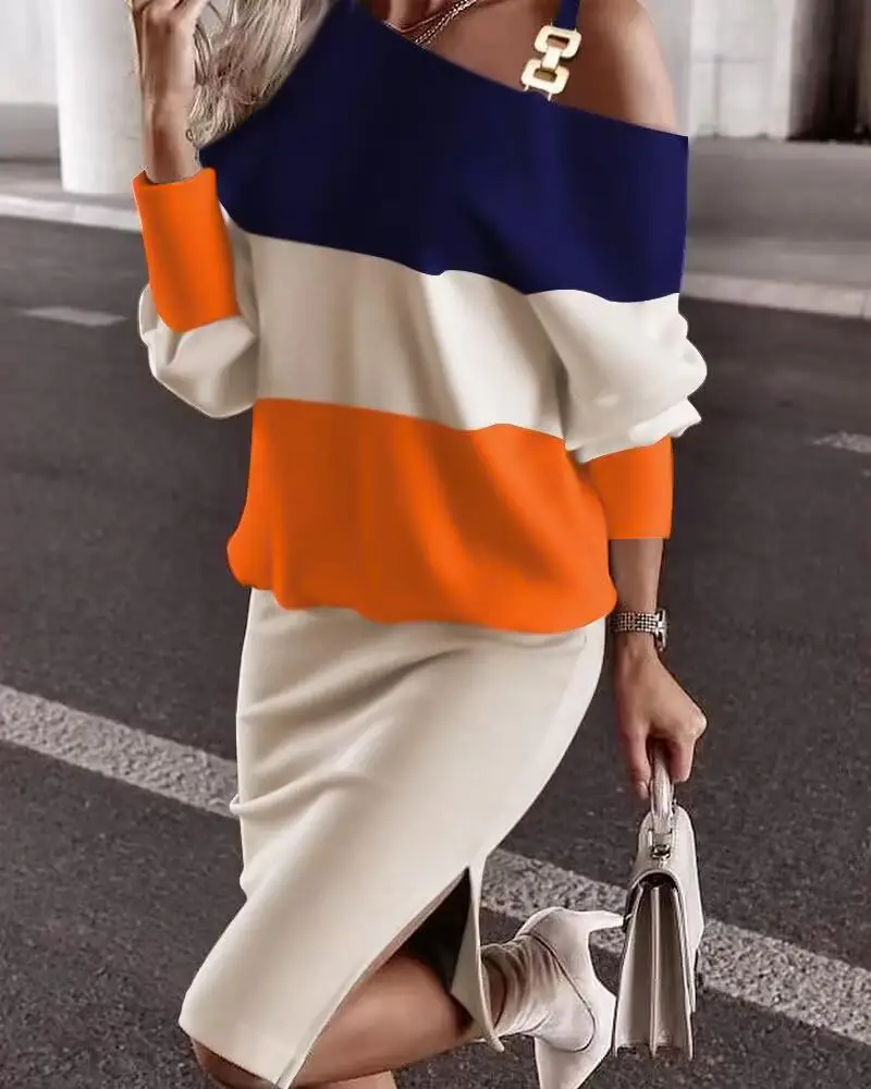 

Faionable Loose oulder Color Blo Set Women's Casual Two-Piece Spring Dr Ele Personali Polyester Fabric