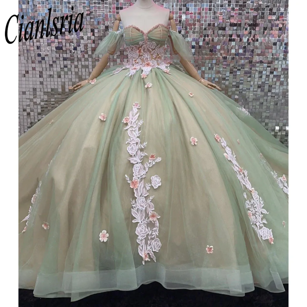 

Мятно-зеленые платья для Quinceanera, бальное платье, свадебное платье, корсет с открытыми плечами, милые платья 16, платья Золушки, платья