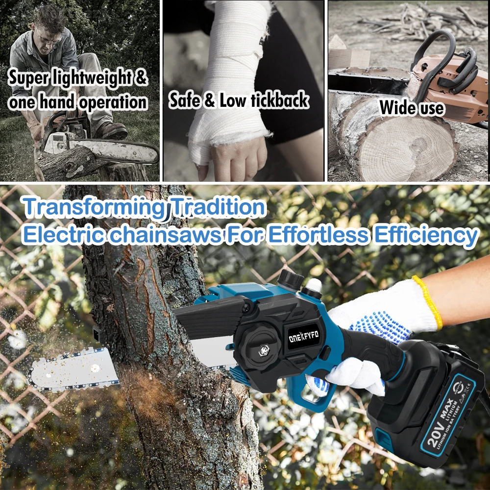 ONEKFYFD 8 Inch Mini Electric Saw Chainsaw Fruit Tree Woodworking Garden Tools Hand Held Wood Cutters For Makiita 18V Battery