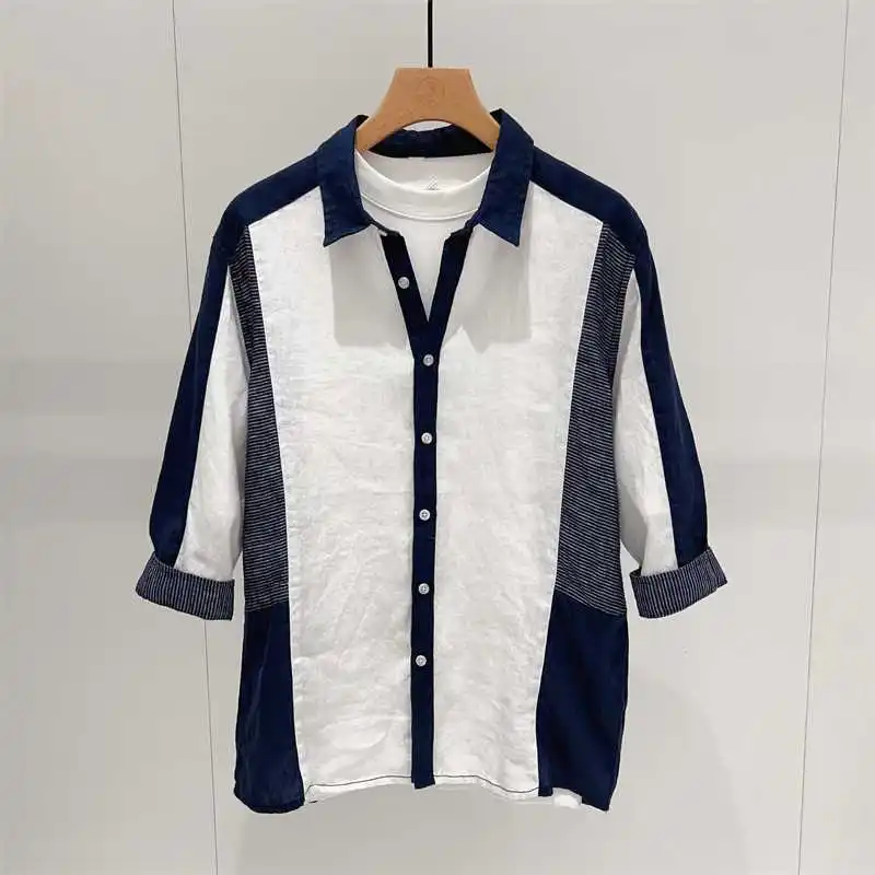 Spring Autumn New Fashion POLO Collar Striped Elbow Sleeve Men's Clothing Blouse Patchwork Contrast Color Chaopai Thin Shirts