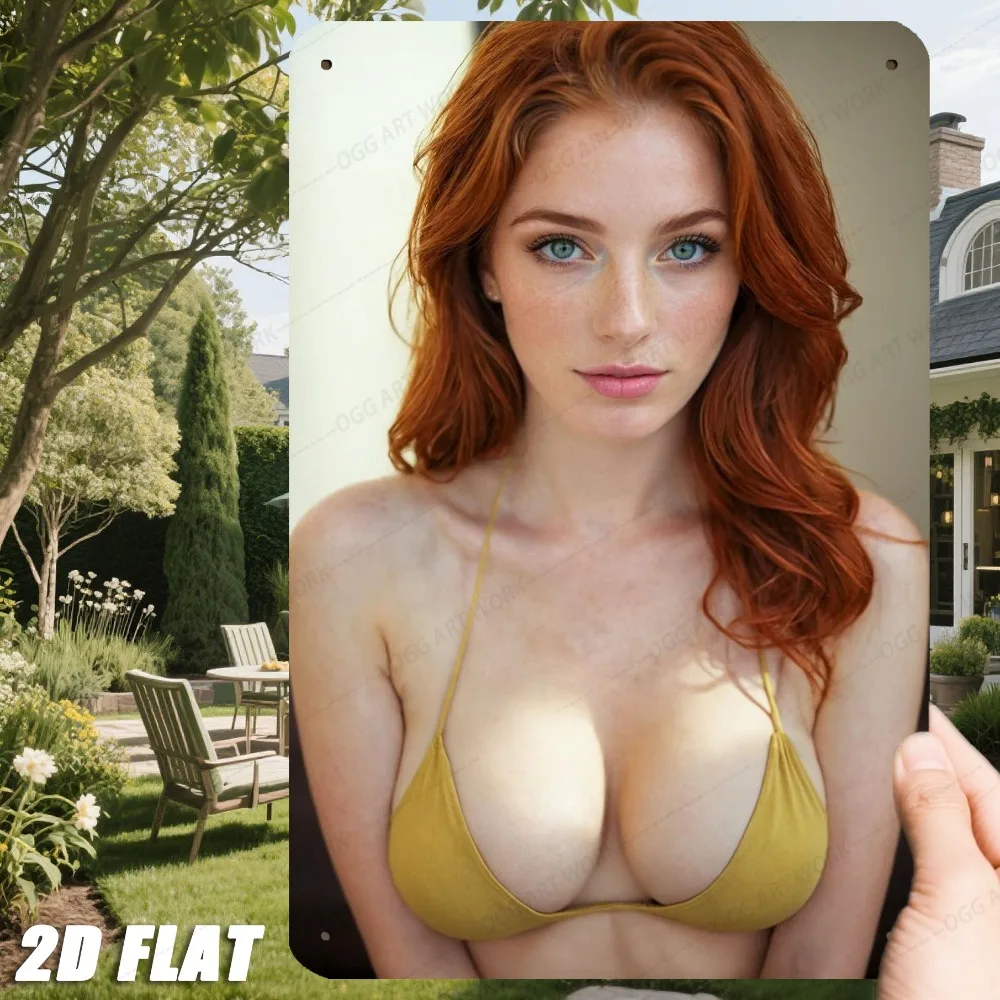2D Flaches Retro-Eisenschild - Rothaarige Frau im Gelben Bikini Metall-Logo 8x12 Zoll für Zuhause Büro Zimmer Geschenk