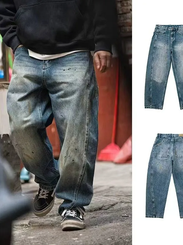 

Retro American Waed Men's Jeans Loose Casual Spliced Straight Leg Micro Cone aped Cotton Denim Pants Spring Wear