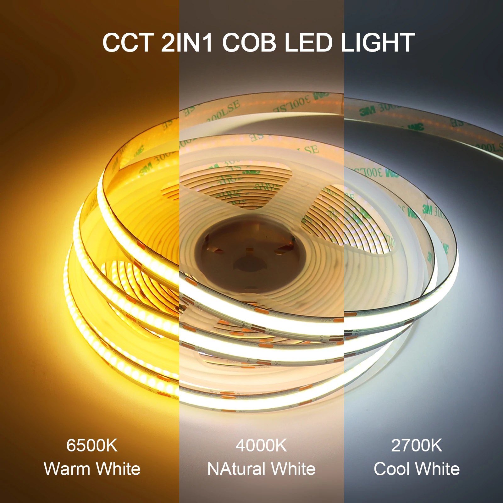 Ip21 Ip67 Cct Cob Led Strip 608Leds/M Dc 12V 24V Hoge Dichtheid Warm Wit + Koud Wit Flexibel Lint Tape Lichtlampstrip