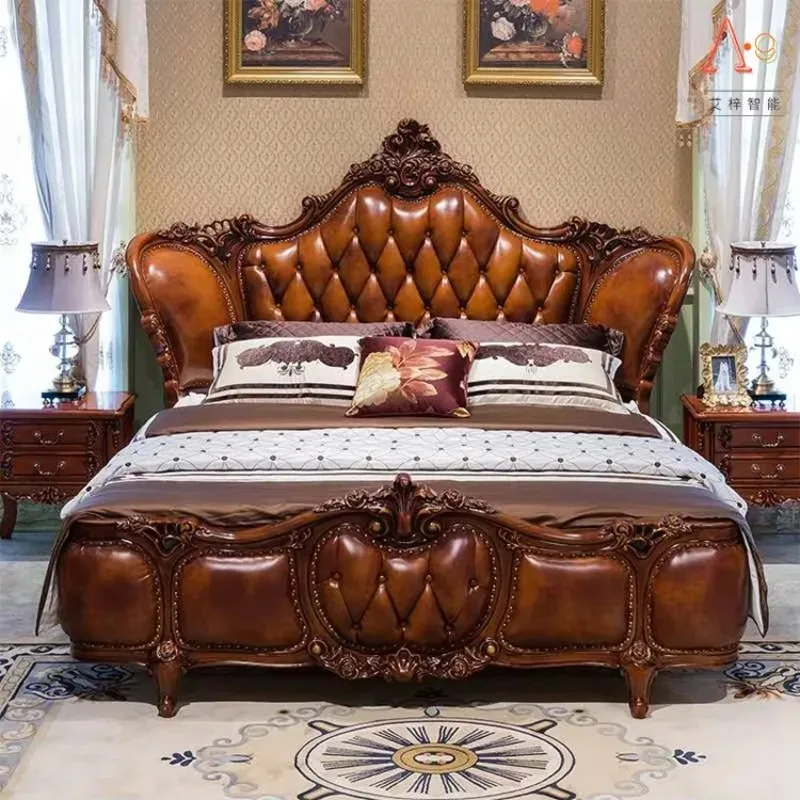 Queen Size 1.8m Luxury Canopy Bed Royal European Style Genuine Leather Upholstered Carved Solid Wood Frame for Home Furniture