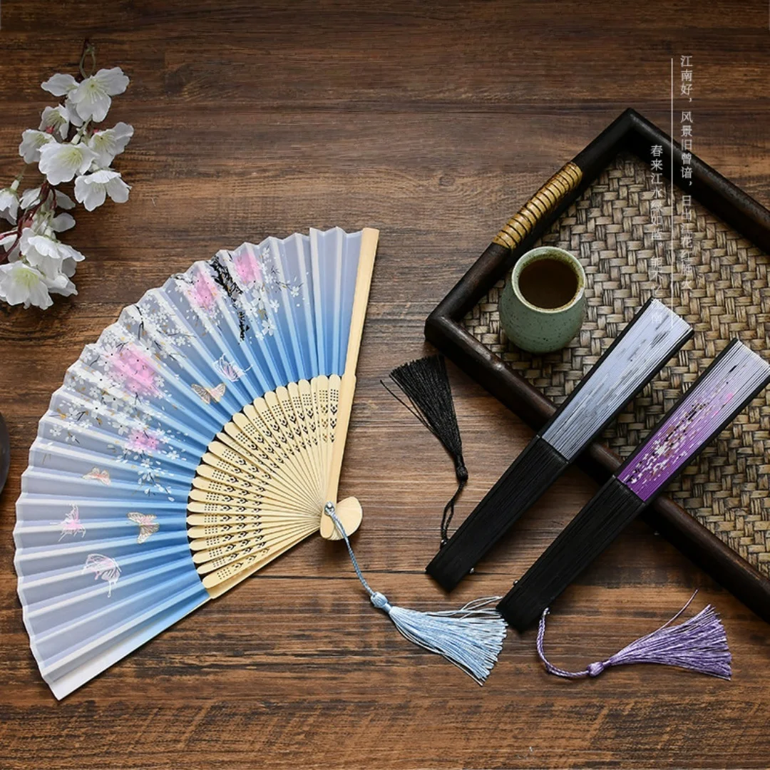 New Vintage Hand Folding Fan Chinese Japanese Style Bamboo Handheld Fan With Tassel Dance Hand Fan Art Craft Gift Photo Props