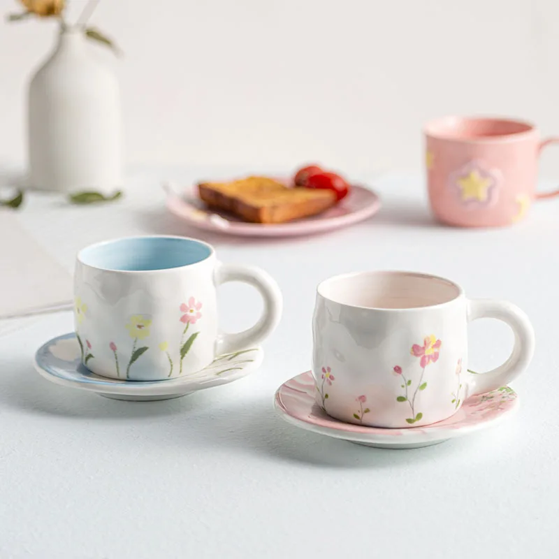 

Hand-squeezed ceramic hand-painted underglaze cloud flower sea mug water cup wind cute breakfast cup coffee cup saucer