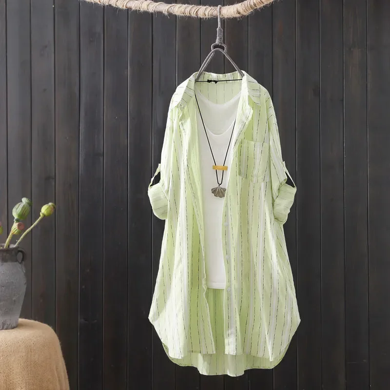 

Women's Vertical Striped Longline Shirt Summer Lightweight Button Down Blouse Oversized Casual Outerwear