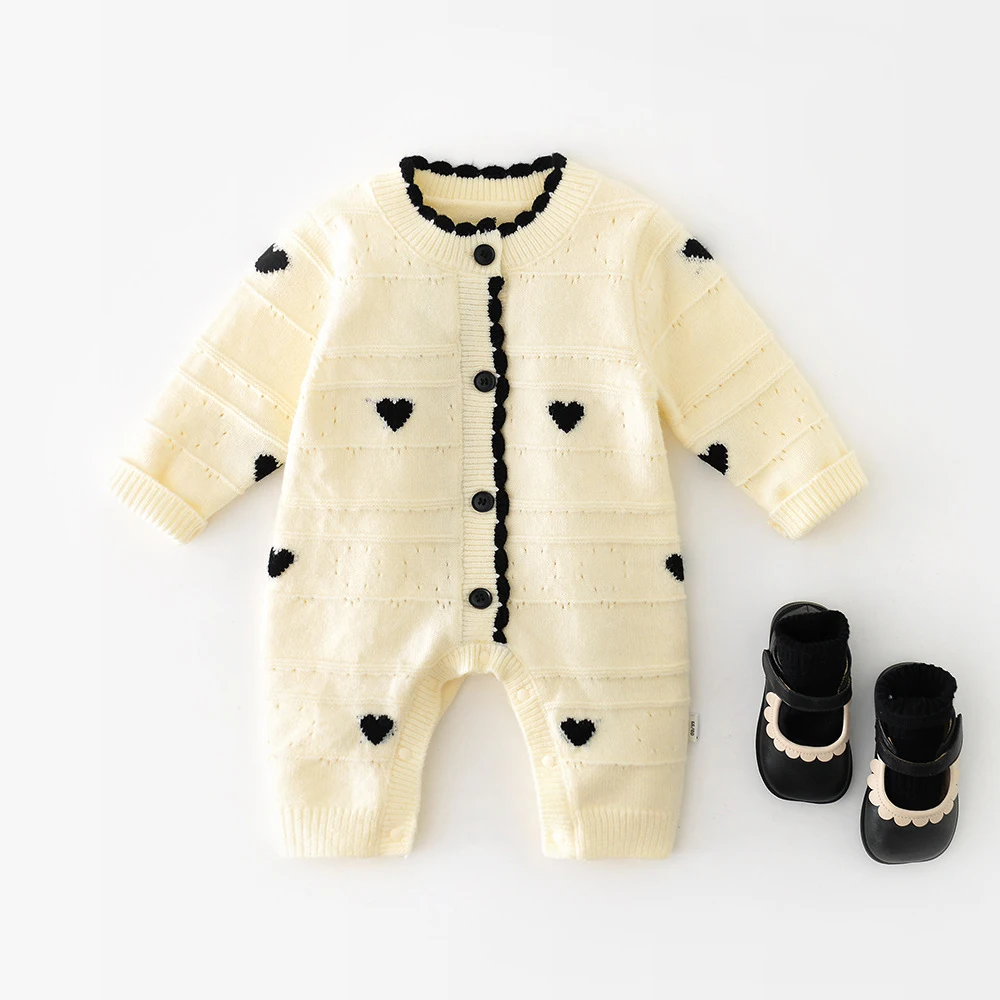 2025 Autumn Baby Girls Clothes Full Of Heart Print Infant Knit Jumpsuits Toddler Rompers Infant Knitwear