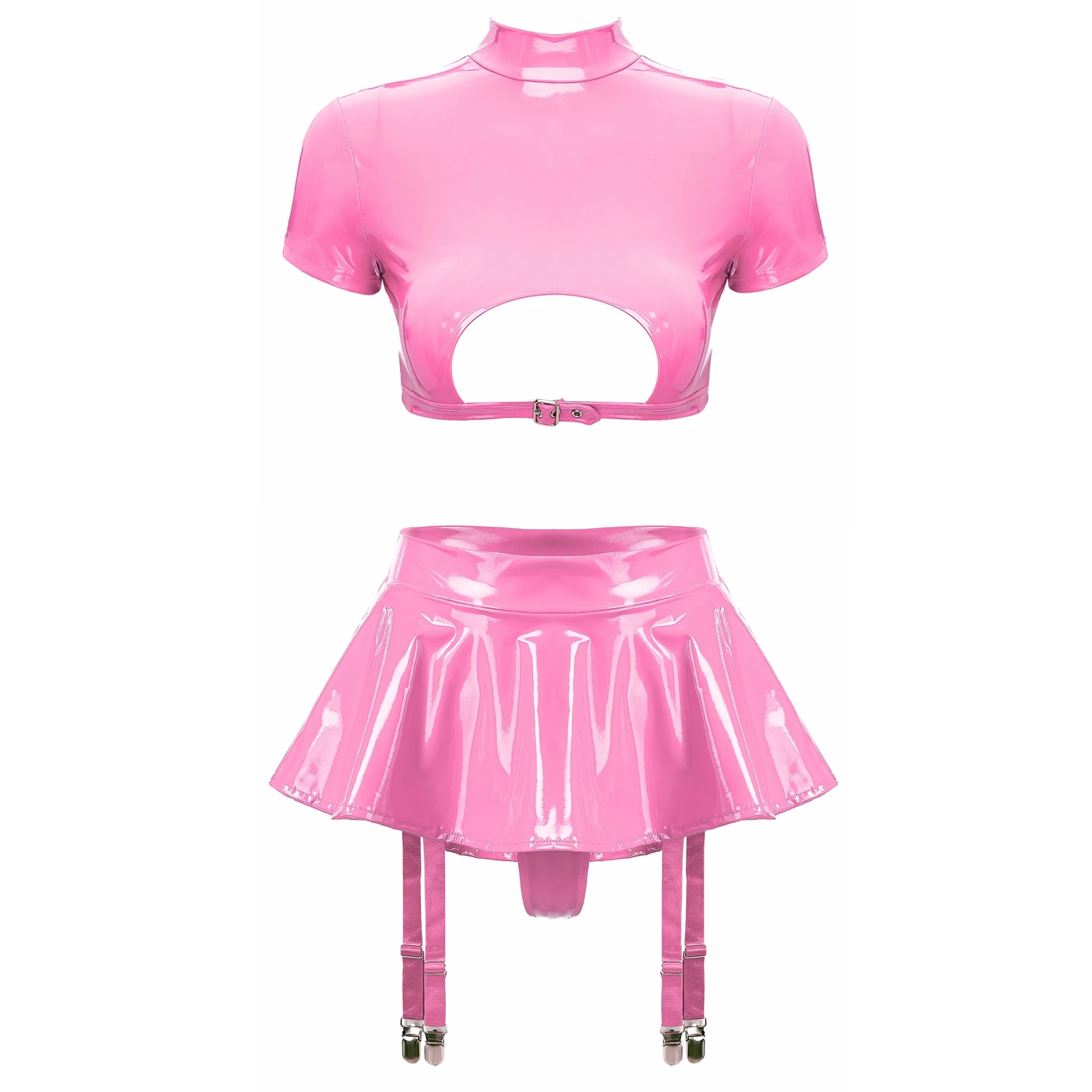 

Womens Patent Leather Crop Top Ruffle Mini Skirt with Shorts Sexy Clubwear Short Sleeve Cutout Tanks Garter Skirt Lingerie Sets