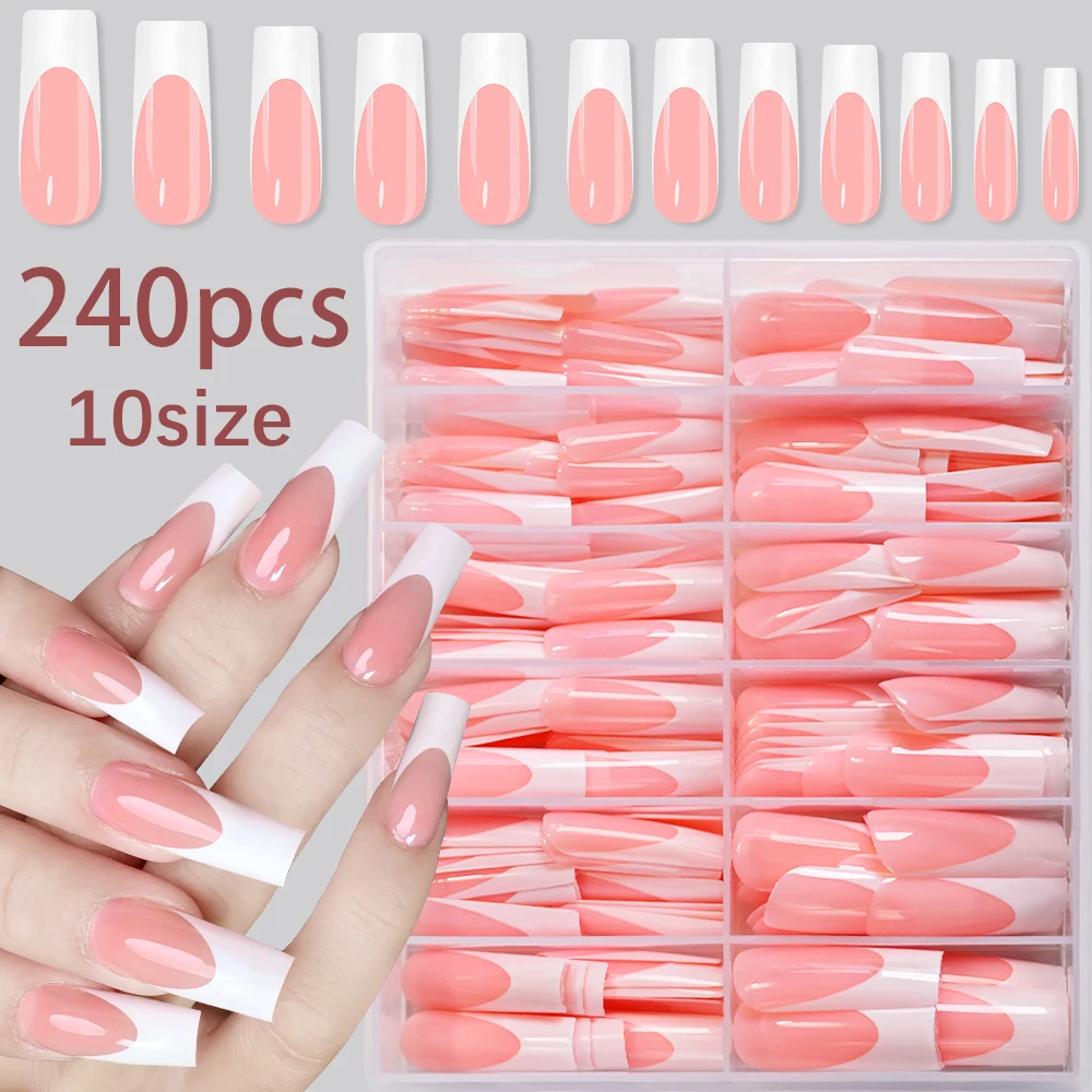 

240pcs Simple White French Tip Fake Nails Nude Long Square Press On Nails Ready-Made Ballet Reusable False Manicure Tips Supplie