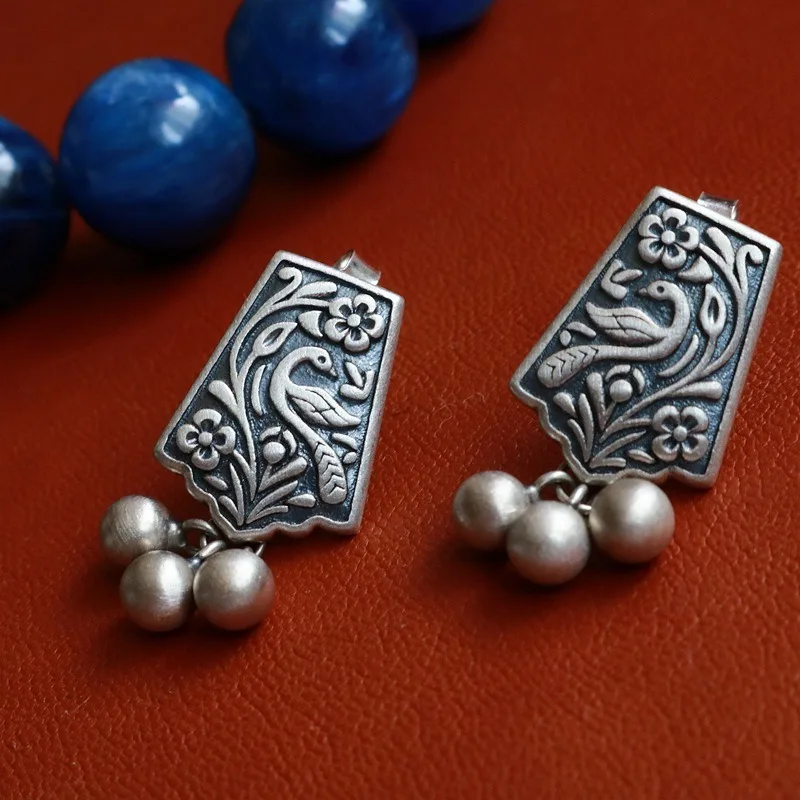 Vintage Carved Chinese Lacquer Ink Blue Round Bead Ear Hooks, New Chinese Style DIY Replaceable Beads Women Earrings