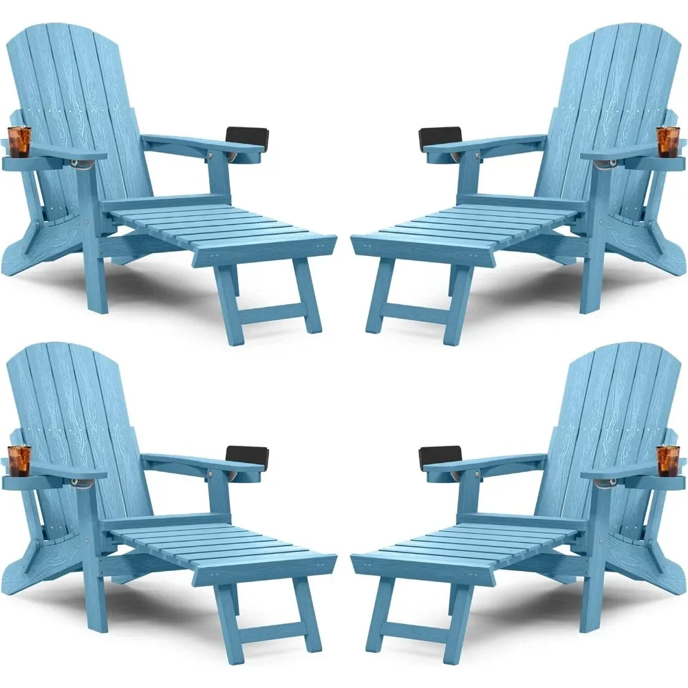 

Adirondack Chair with Ottoman Set of 4, Adjustable Backrest Adirondack Chairs, Folding Outdoor Fire Pit Chair with 2 Cup-Holders